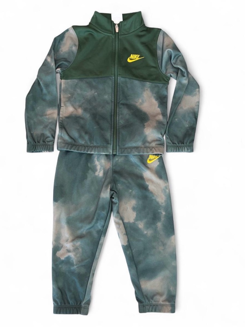 Nike 4T Kids tracksuit with green, tan + gray camouflage tie-dye print
